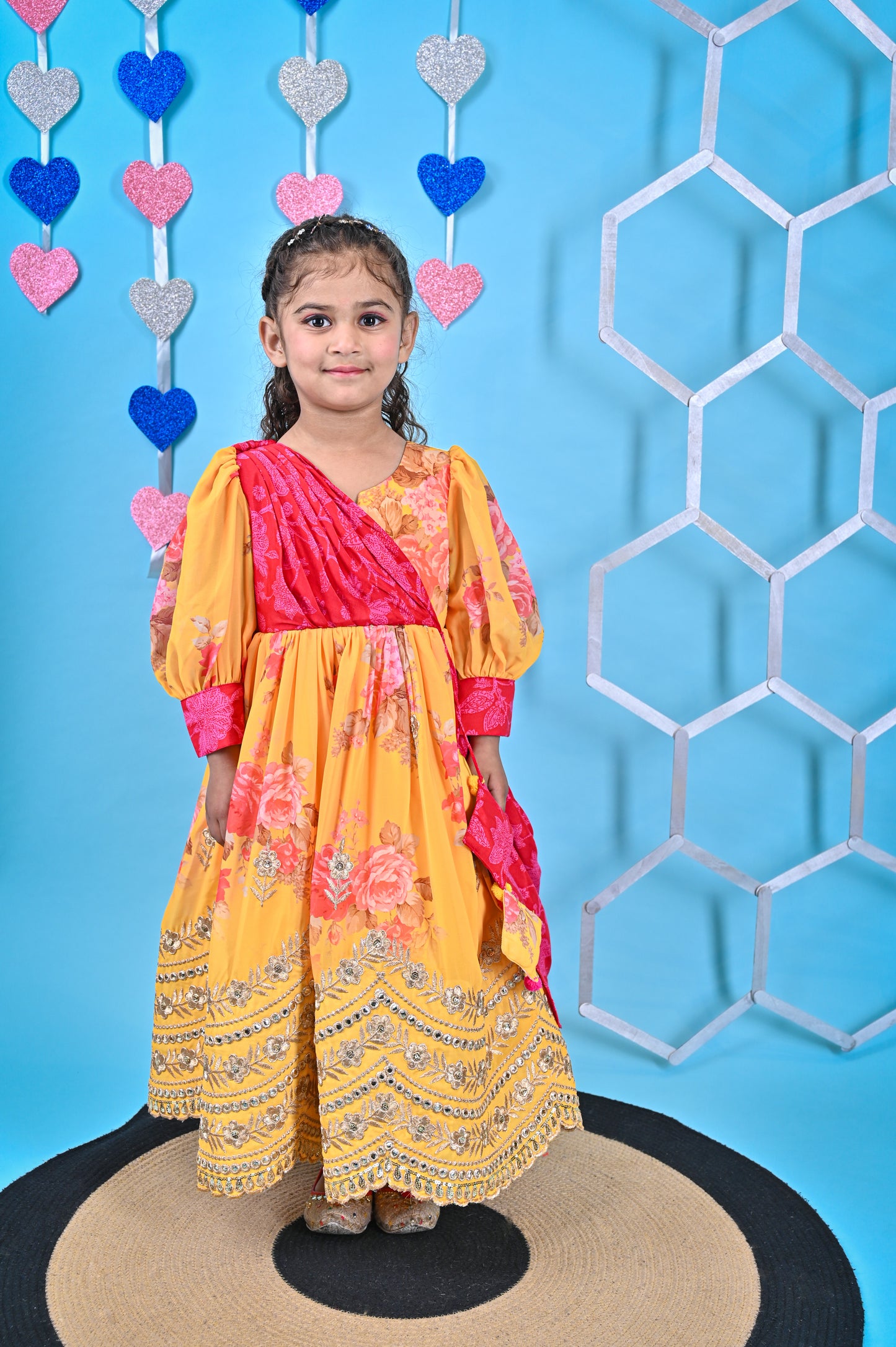 Yellow printed Anarkali attached dupatta