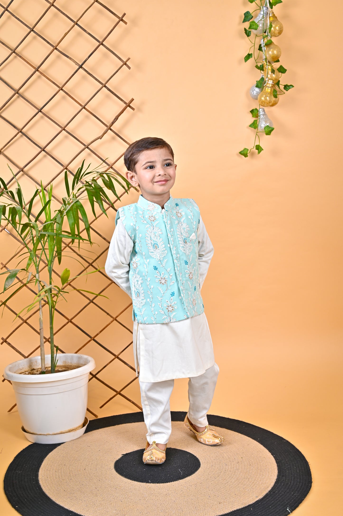 Off White Kurta Chudidar Aqua Green Jacket