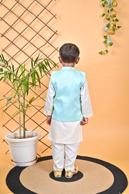 Off White Kurta Chudidar Aqua Green Jacket