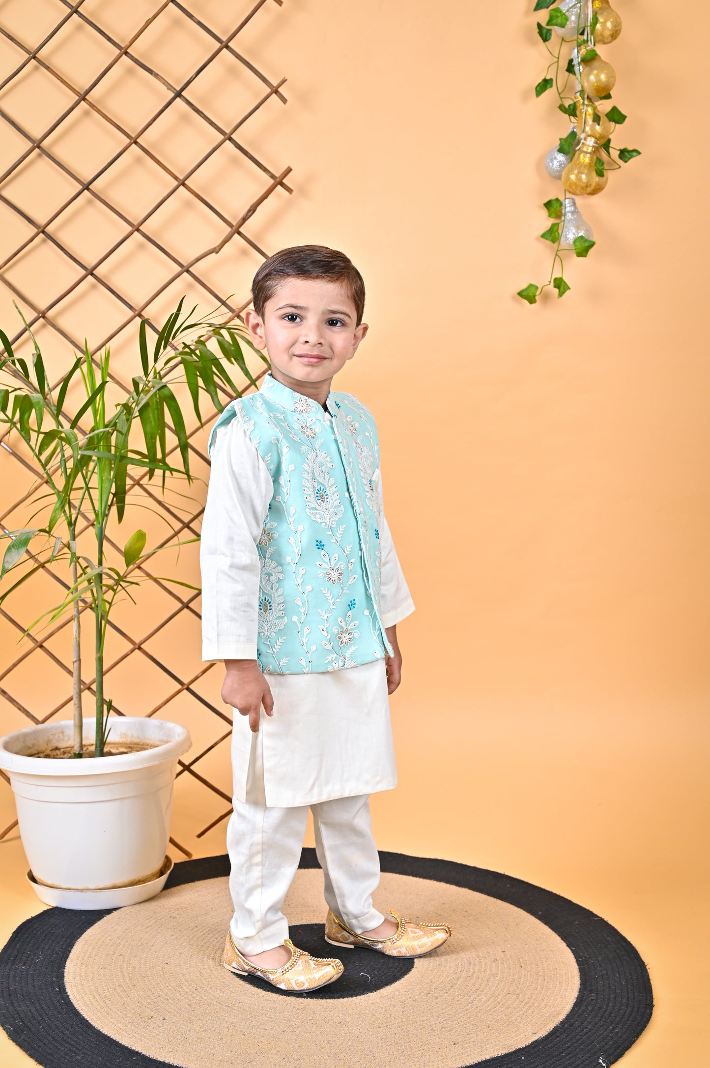 Off White Kurta Chudidar Aqua Green Jacket