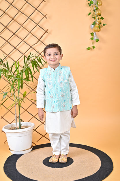 Off White Kurta Chudidar Aqua Green Jacket