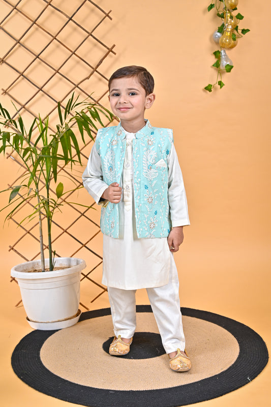 Off White Kurta Chudidar Aqua Green Jacket