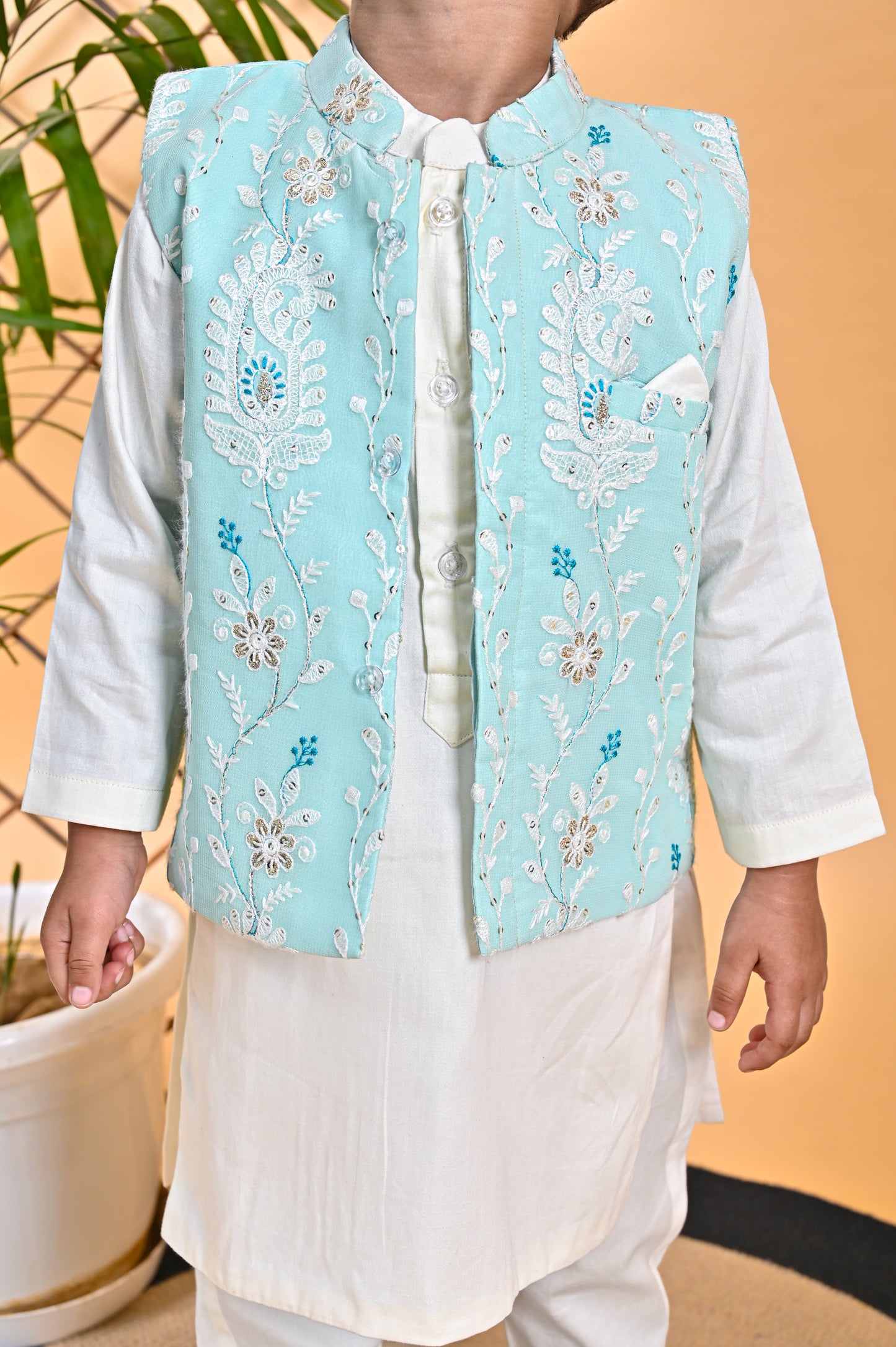 Off White Kurta Chudidar Aqua Green Jacket