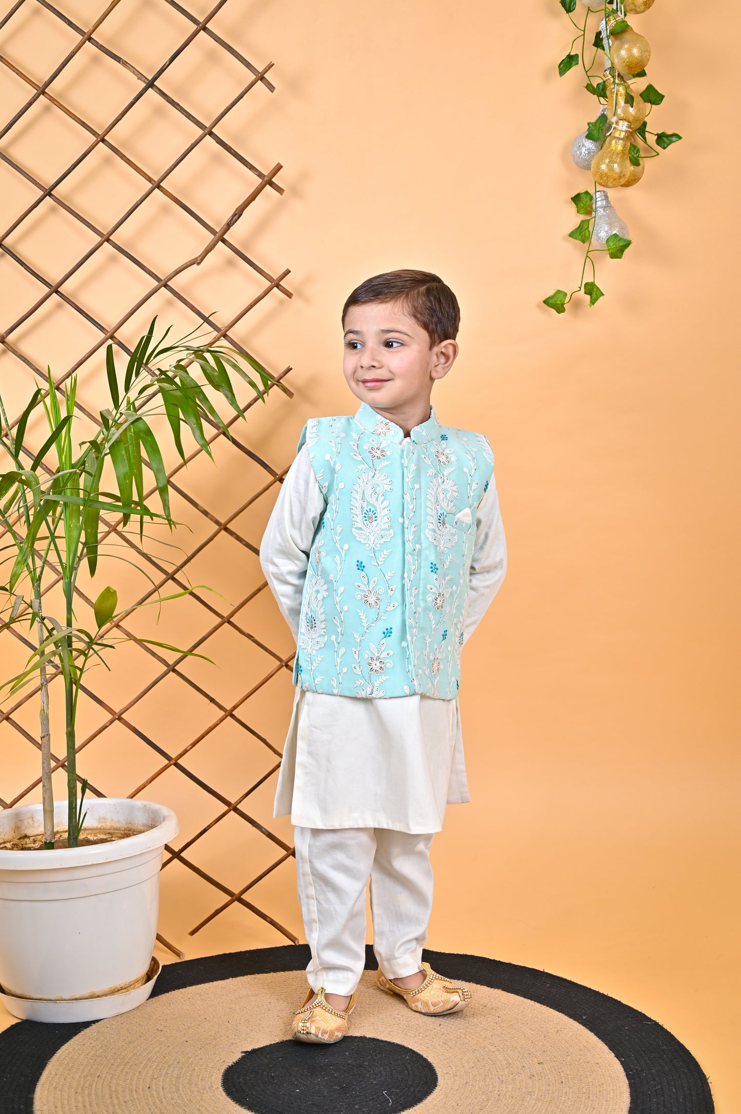 Off White Kurta Chudidar Aqua Green Jacket