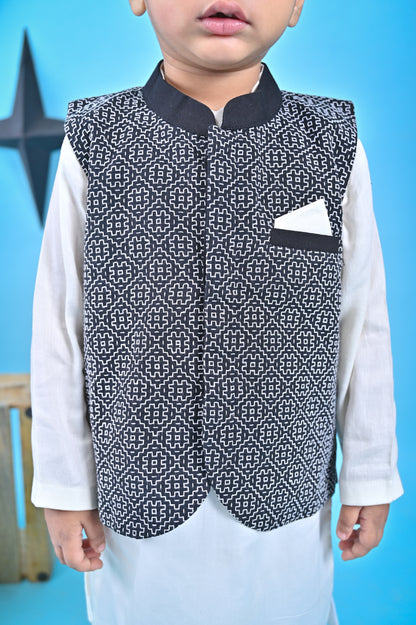 White Kurta Chudidar Black Nehru Jacket