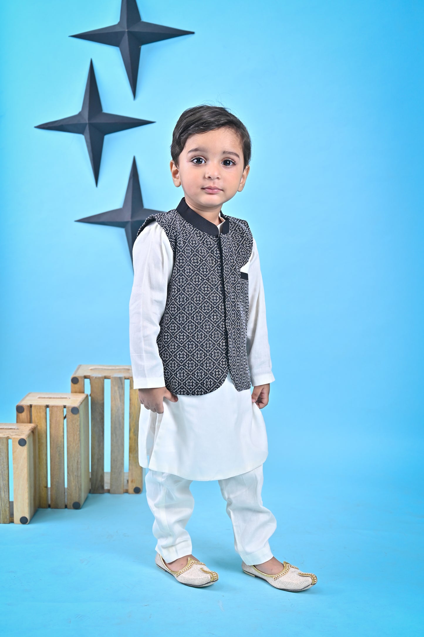 White Kurta Chudidar Black Nehru Jacket