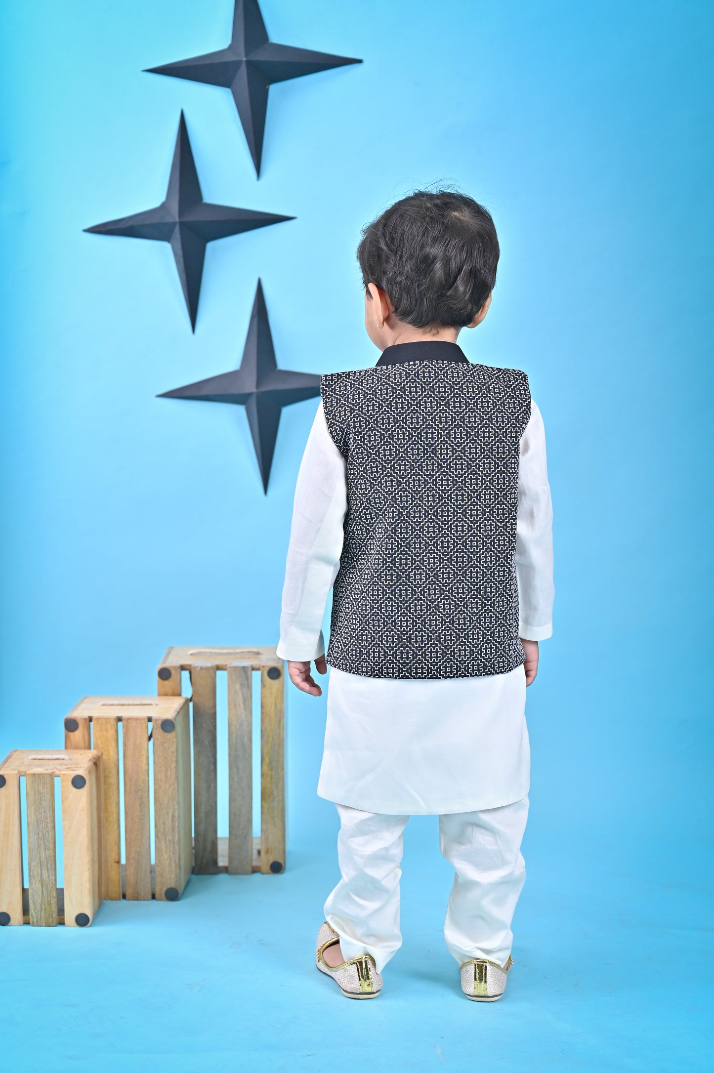 White Kurta Chudidar Black Nehru Jacket