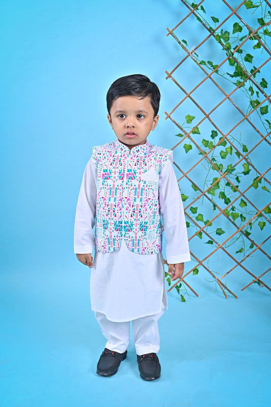 White Kurta Pant Printed Jacket