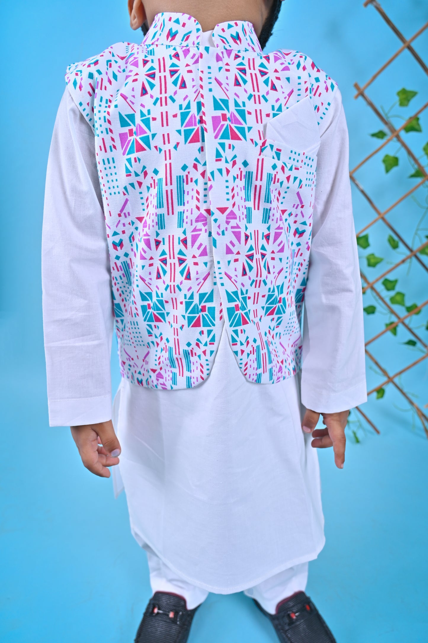 White Kurta Pant Printed Jacket