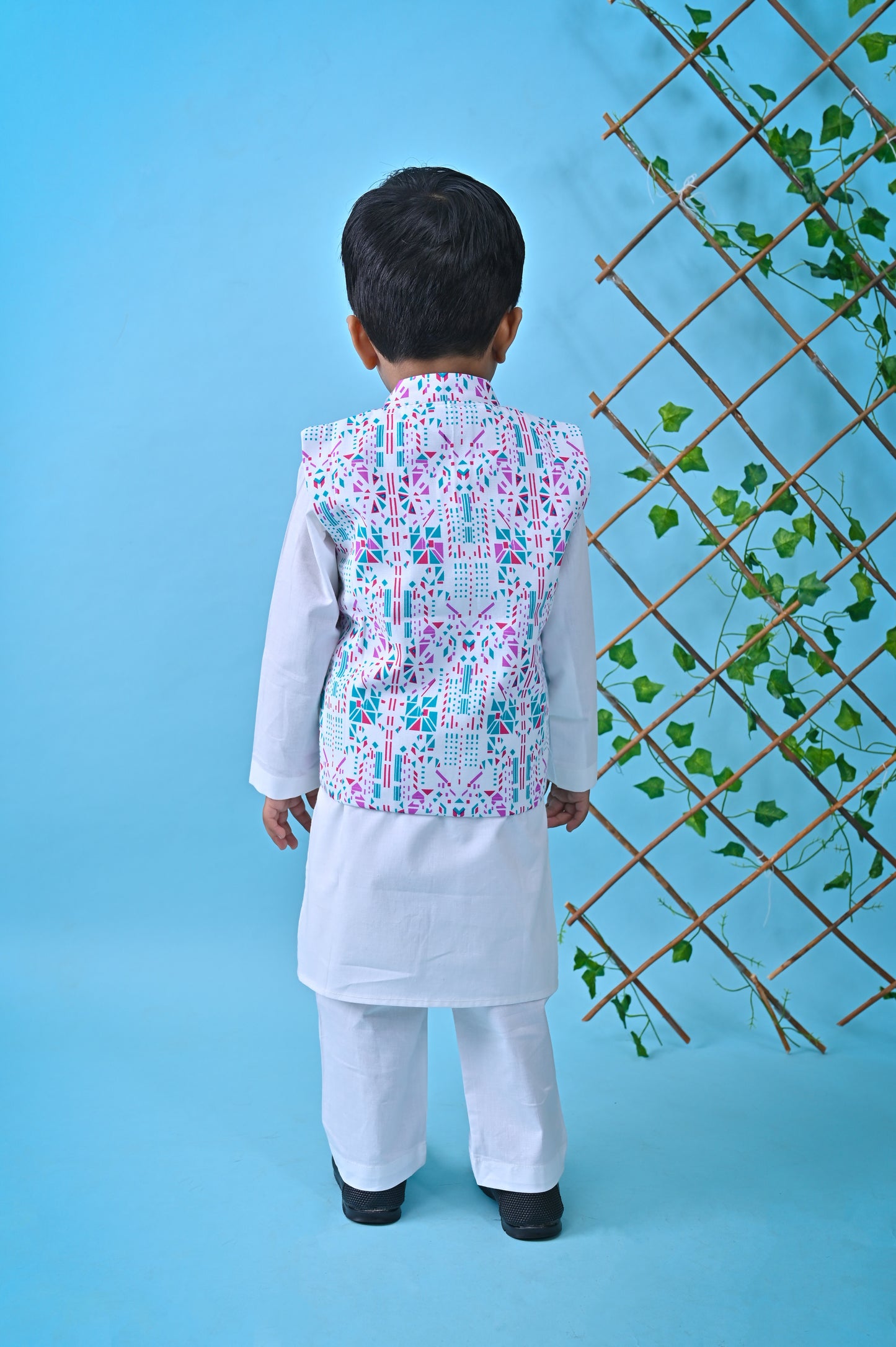 White Kurta Pant Printed Jacket