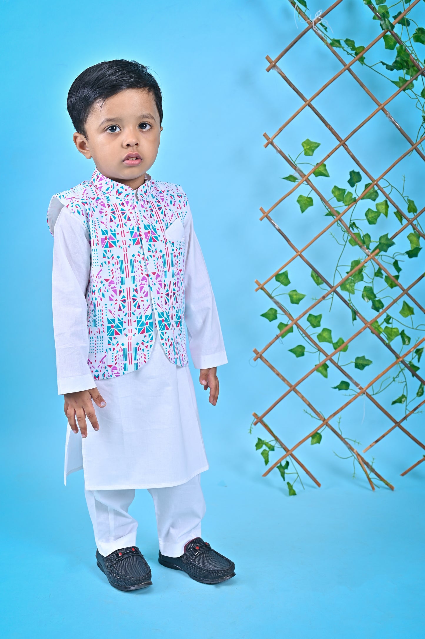 White Kurta Pant Printed Jacket