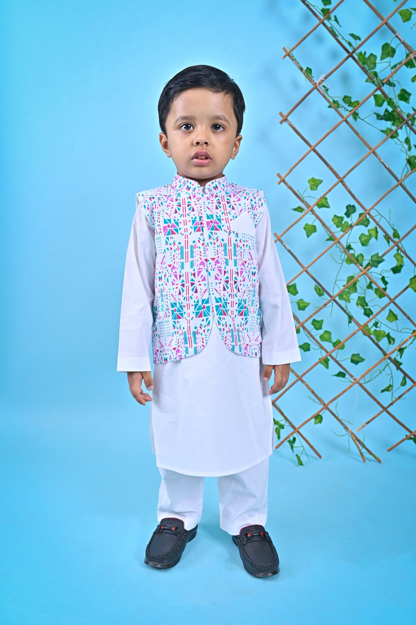 White Kurta Pant Printed Jacket