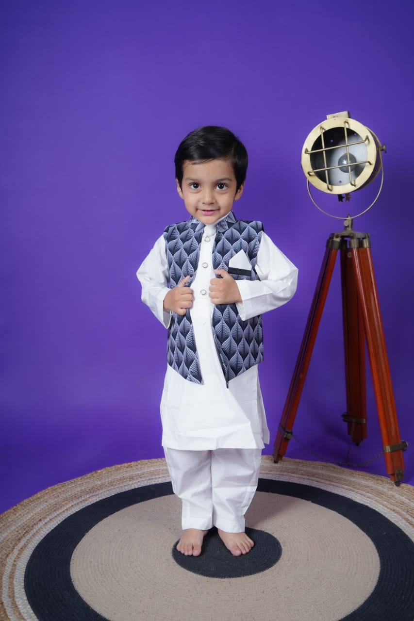 Black Printed Jacket white Kurta Pant
