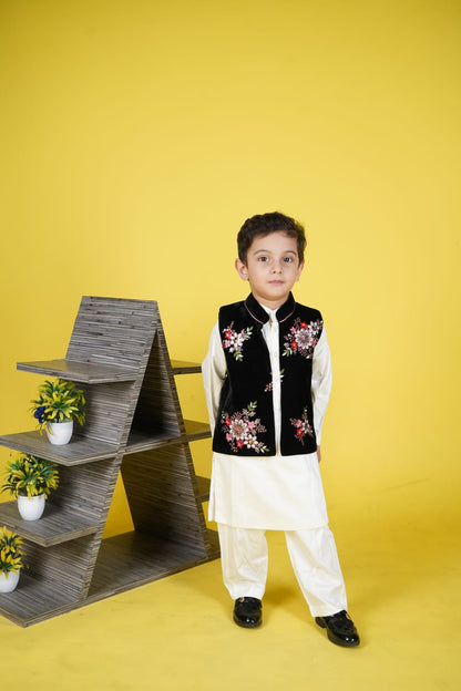 Black Embroidery Jacket white Kurta Pant