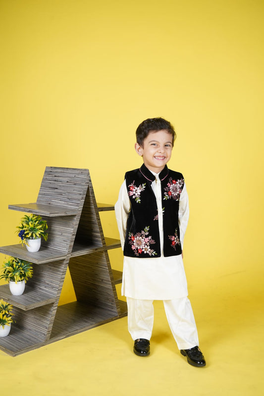 Black Embroidery Jacket white Kurta Pant