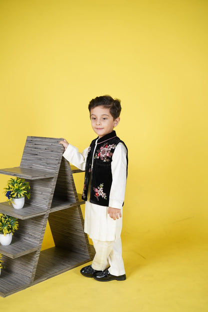 Black Embroidery Jacket white Kurta Pant